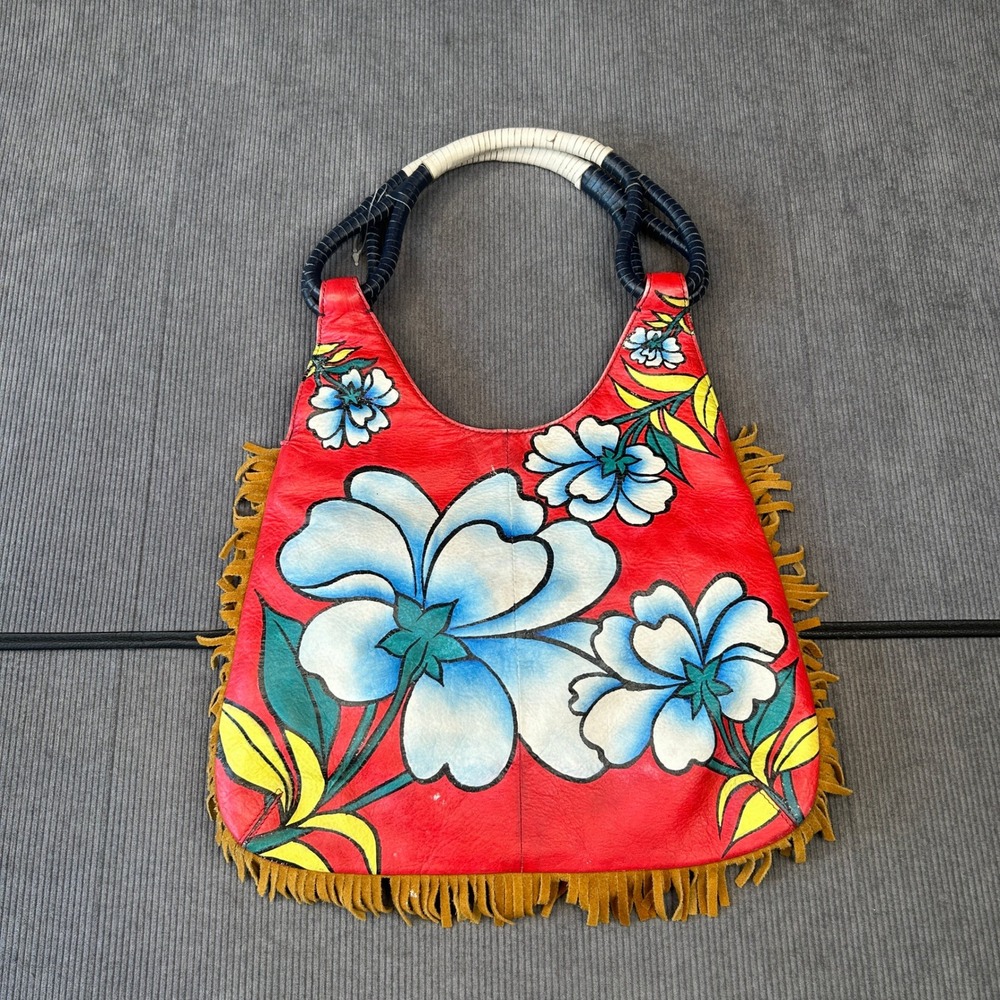 Hand Painted Floral Leather Fringe Hobo Bag Red Orange Boho Shoulder Y2k Bag